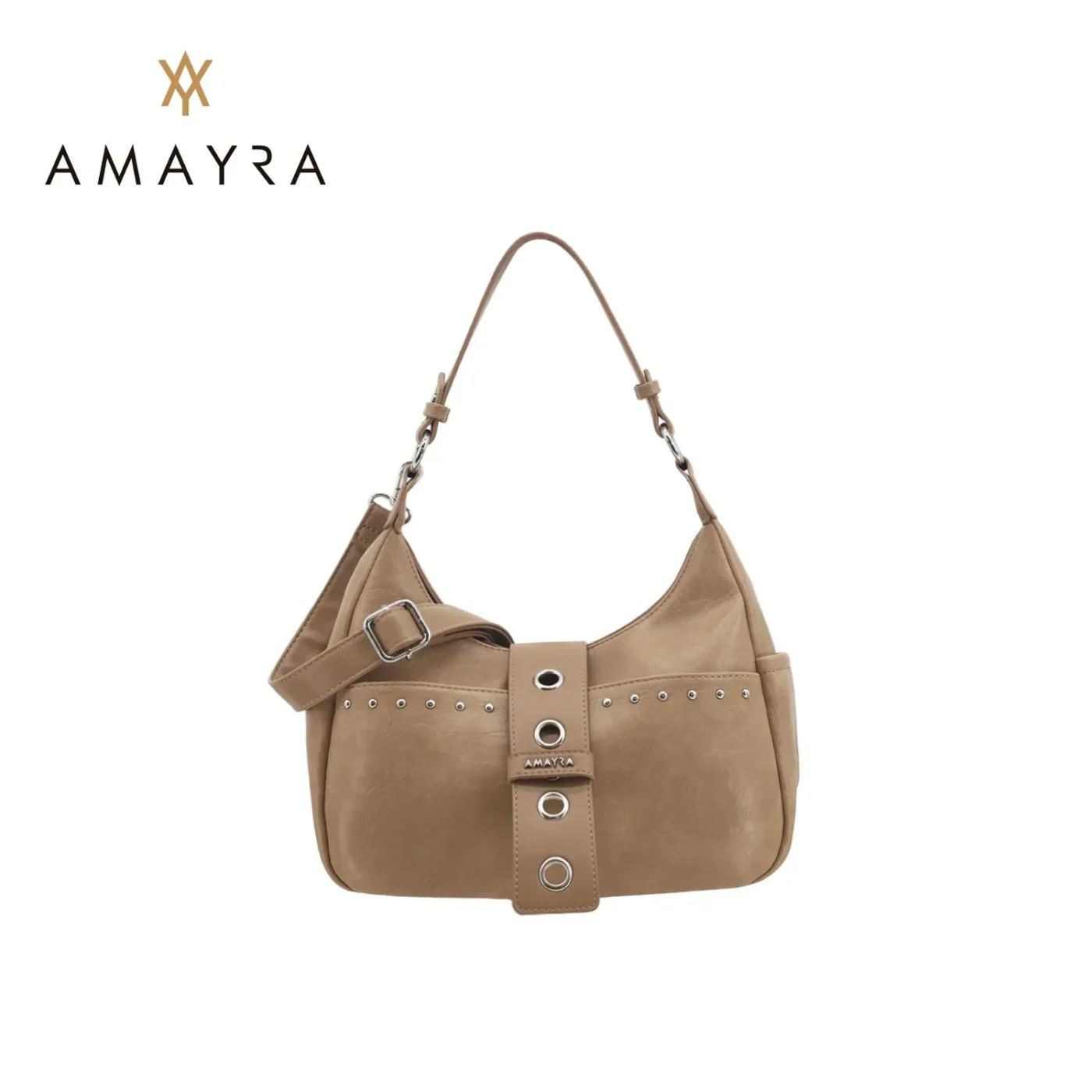 Amayra Cartera de Eco Cuero Visón Claro con Solapa y Tachas